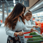 Mamá y su bebé comprando productos esenciales