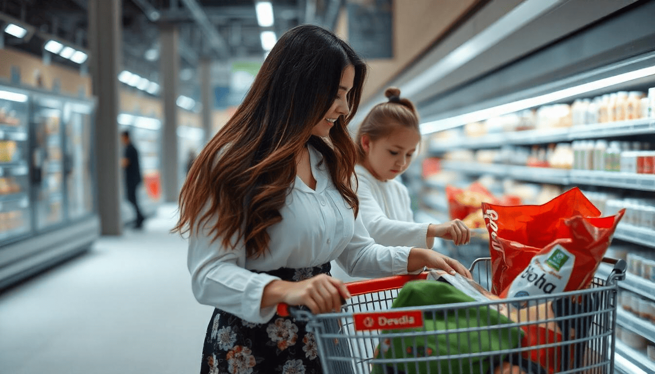 Mamá y su bebé comprando productos esenciales