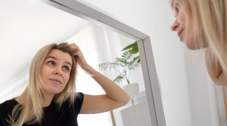 Mujer preocupada por la caida del pelo