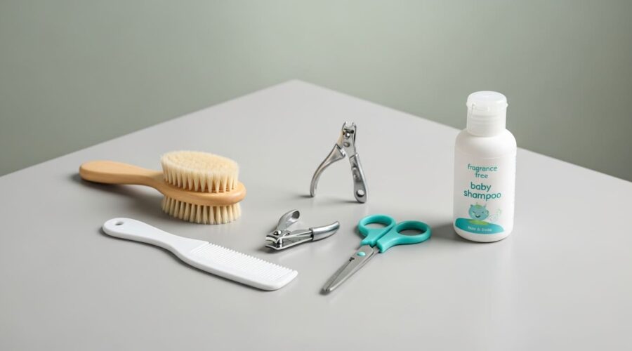 kit de aseo para bebé sobre una mesa con fondo neutro