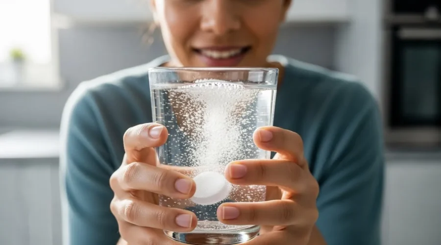 Persona sonriente con vaso de agua