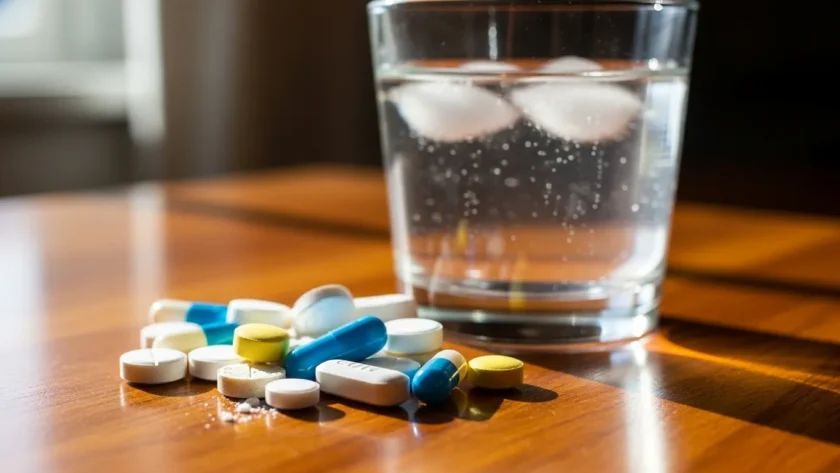 Pastillas sobre una mesa con un vaso de agua