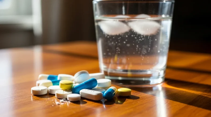Pastillas sobre una mesa con un vaso de agua